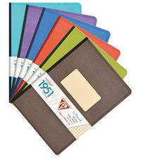Set of colorful notebooks with a visible brand label on a white background