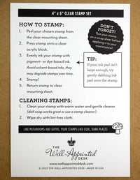Instructions for using clear stamps on a white card with black text and graphics.