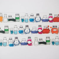 Illustration of various colorful bottles with liquid on a white background