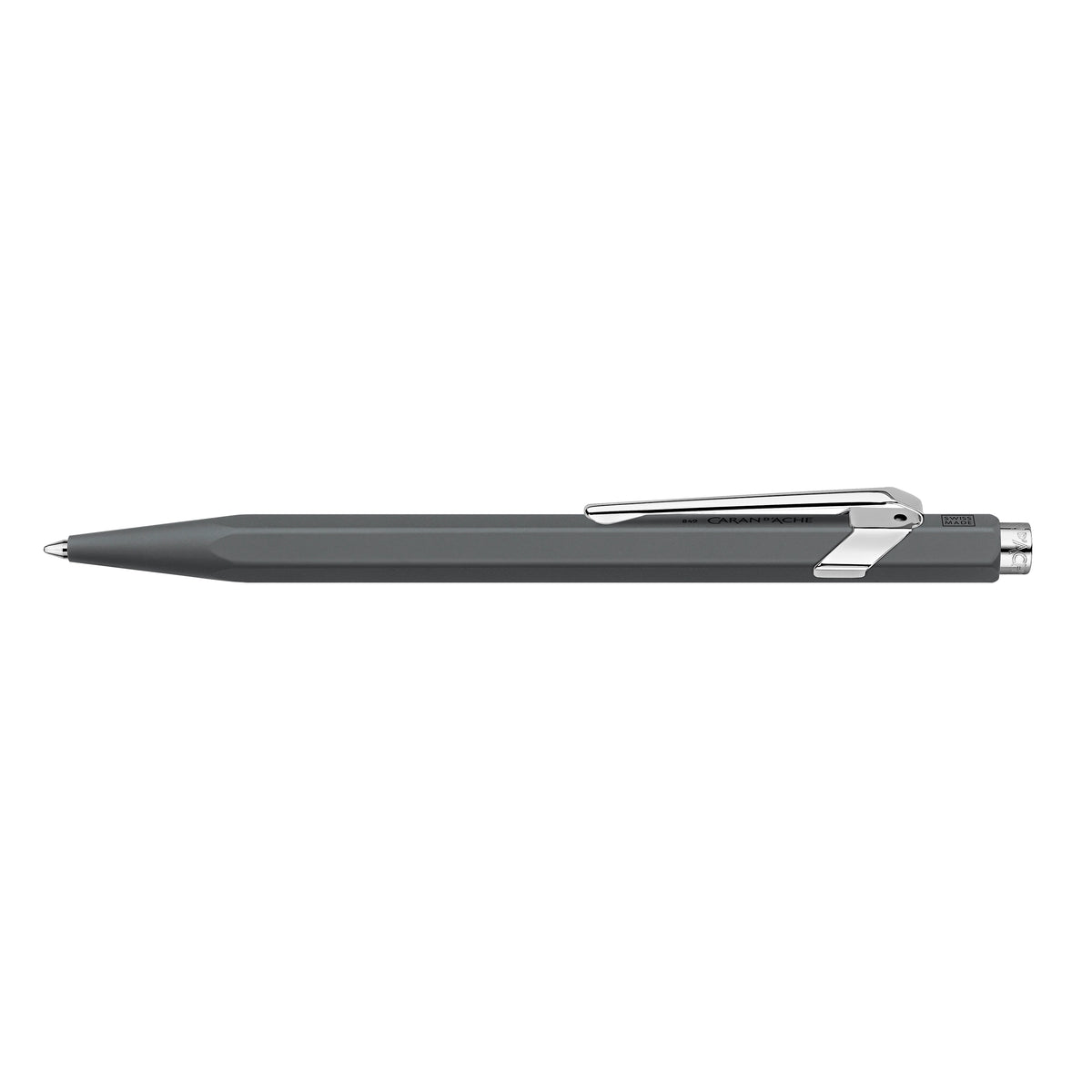 A sleek, dark gray retractable ballpoint pen with polished silver metal accents, including a clip, tip, and end cap, shown horizontally against a solid white background.