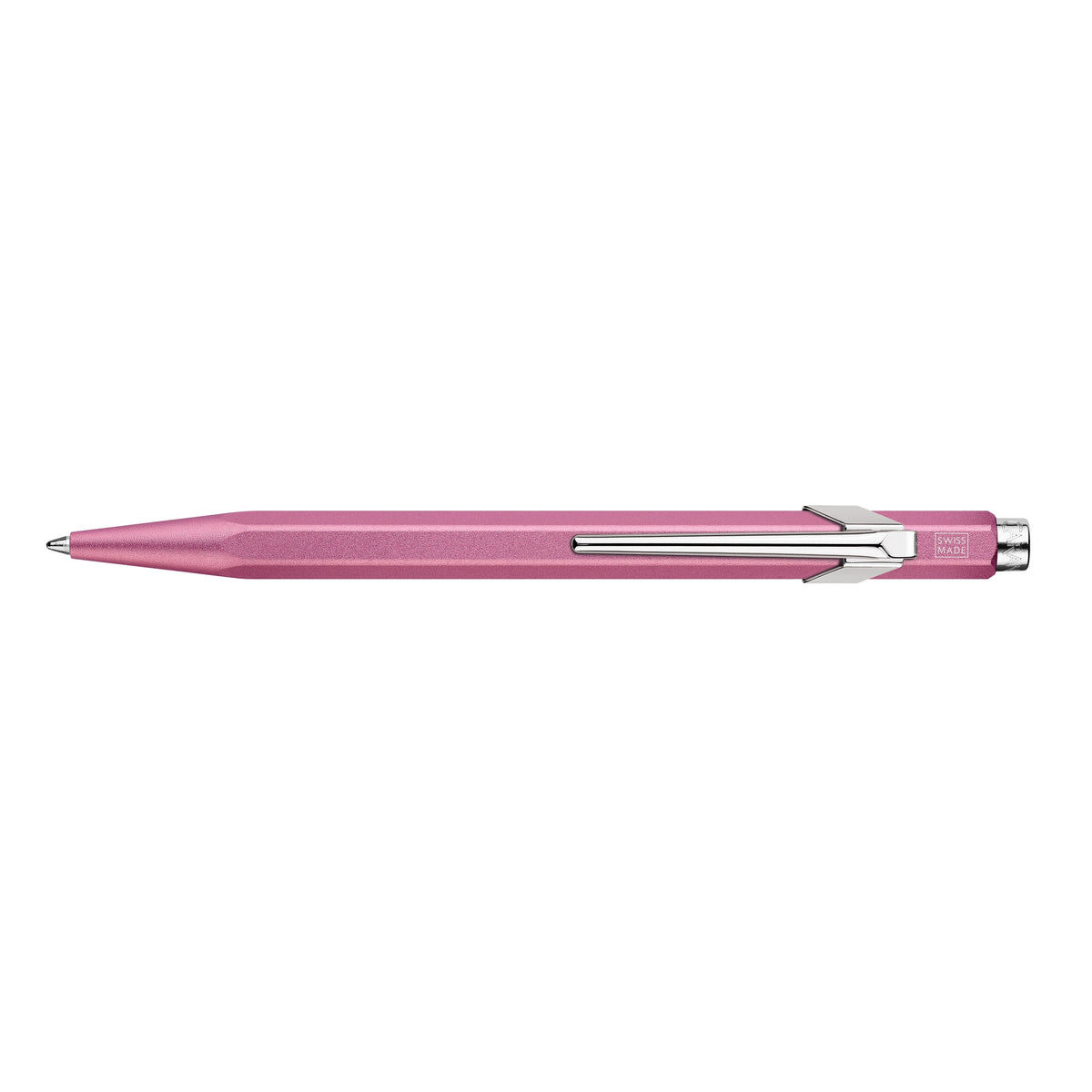 A pink retractable ballpoint pen with a silver metal clip and tip, shown horizontally against a plain white background.