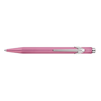 A pink retractable ballpoint pen with a silver metal clip and tip, shown horizontally against a plain white background.