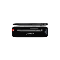 A black Caran d'Ache Gelber pen shown above its matching black travel case on a plain white background. The case features the Caran d'Ache logo, a small Swiss flag, and 'Gelber' printed on the front.