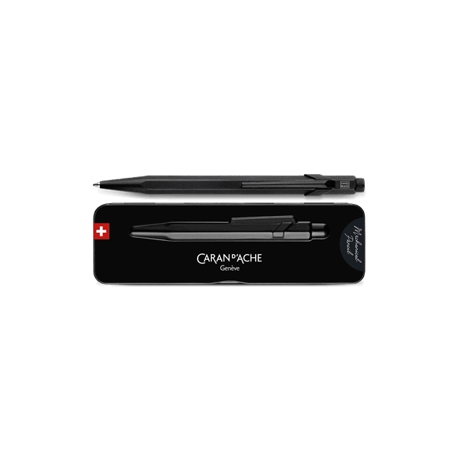 A black Caran d'Ache Gelber pen shown above its matching black travel case on a plain white background. The case features the Caran d'Ache logo, a small Swiss flag, and 'Gelber' printed on the front.