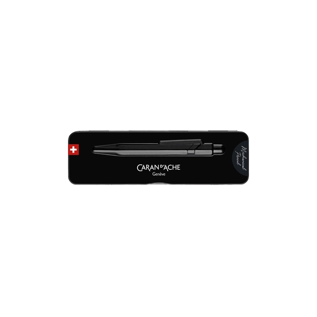 A black Caran d'Ache Geneva pen case with a slim black pen visible inside, shown on a plain white background. The case features the Caran d'Ache logo, a small Swiss flag, and a signature on the right side.