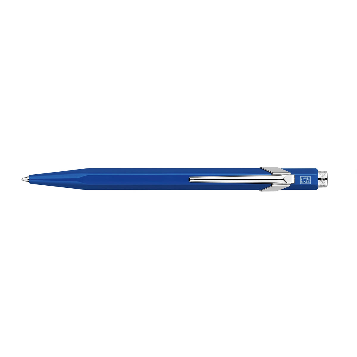 A blue retractable ballpoint pen with silver metal accents, including the clip and tip, shown horizontally against a plain white background.