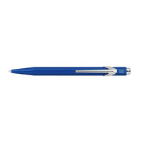 A blue retractable ballpoint pen with silver metal accents, including the clip and tip, shown horizontally against a plain white background.
