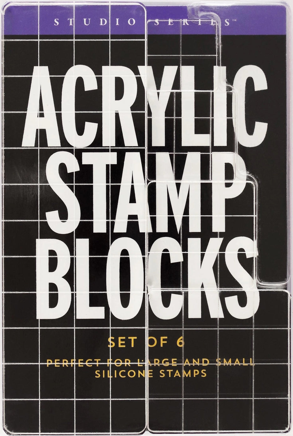 Acrylic stamp blocks packaging with text on a black background
