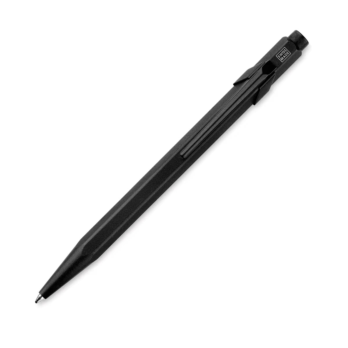 A sleek black retractable pen with a matte finish, shown diagonally on a clean white background. The pen features a prominent clip on the back and a small square logo on the cap.