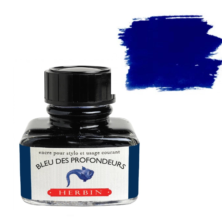 A bottle of Herbin Bleu des Profondeurs ink with a black cap and a white label, shown next to a textured blue ink swatch on a white background.