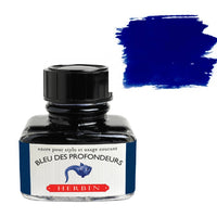 A bottle of Herbin Bleu des Profondeurs ink with a black cap and a white label, shown next to a textured blue ink swatch on a white background.