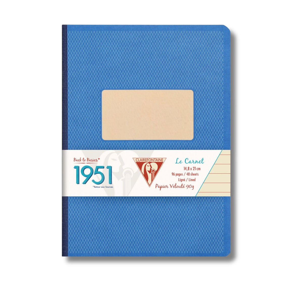 A blue textured paper notebook with a beige window and a white paper band around the middle, featuring the brand 'Chambriard' and the year '1951'.