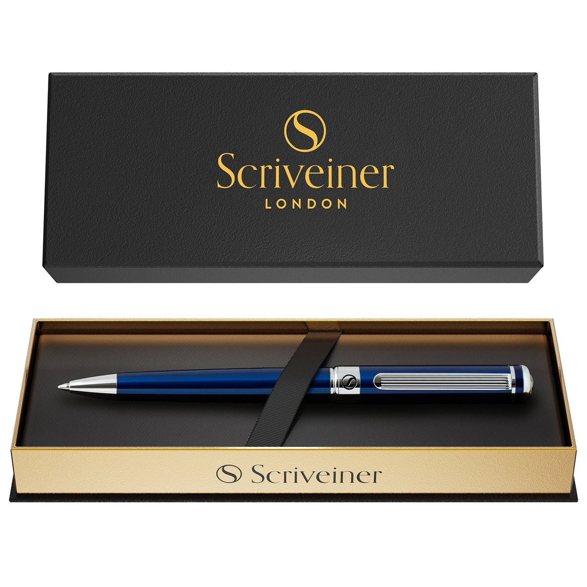 A blue and silver Scriveiner pen presented in an open gold gift box with its black lid shown above, both branded with the Scriveiner London logo.