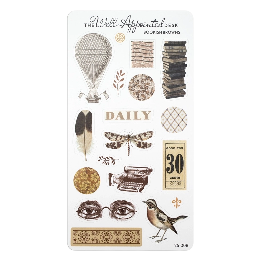 Decorative sticker sheet with vintage illustrations on a white background