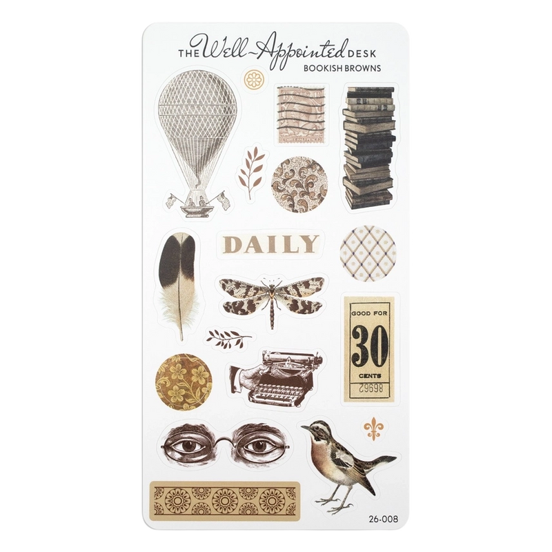 Decorative sticker sheet with vintage illustrations on a white background
