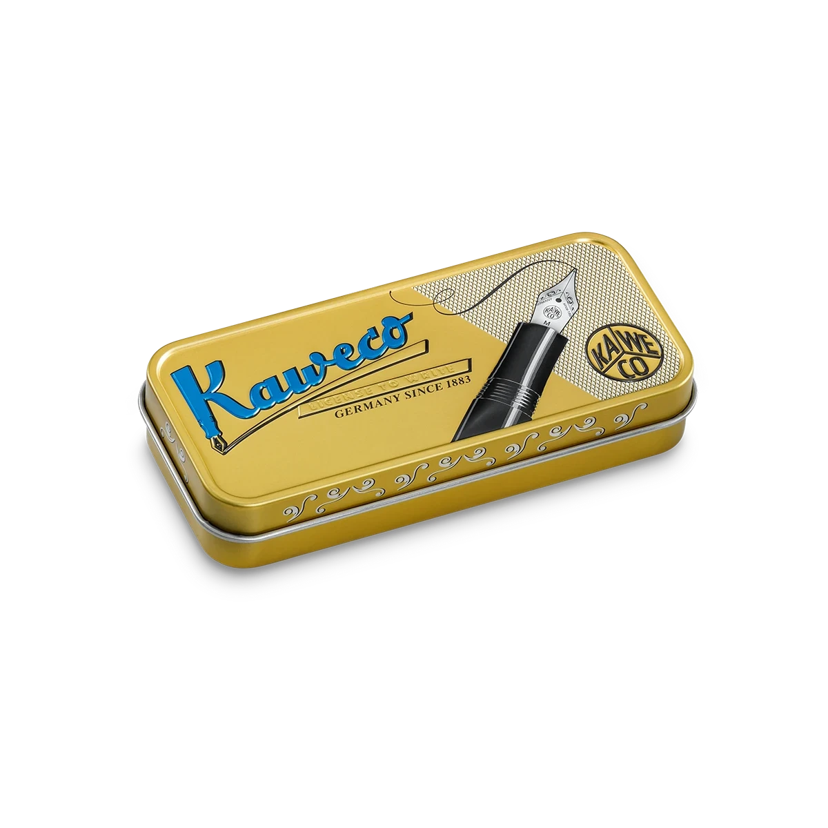 A gold metal tin box for Kaweco, shown at an angle on a white background. The lid features blue 'Kaweco' branding, a black and silver fountain pen illustration, and a circular gold and black logo.