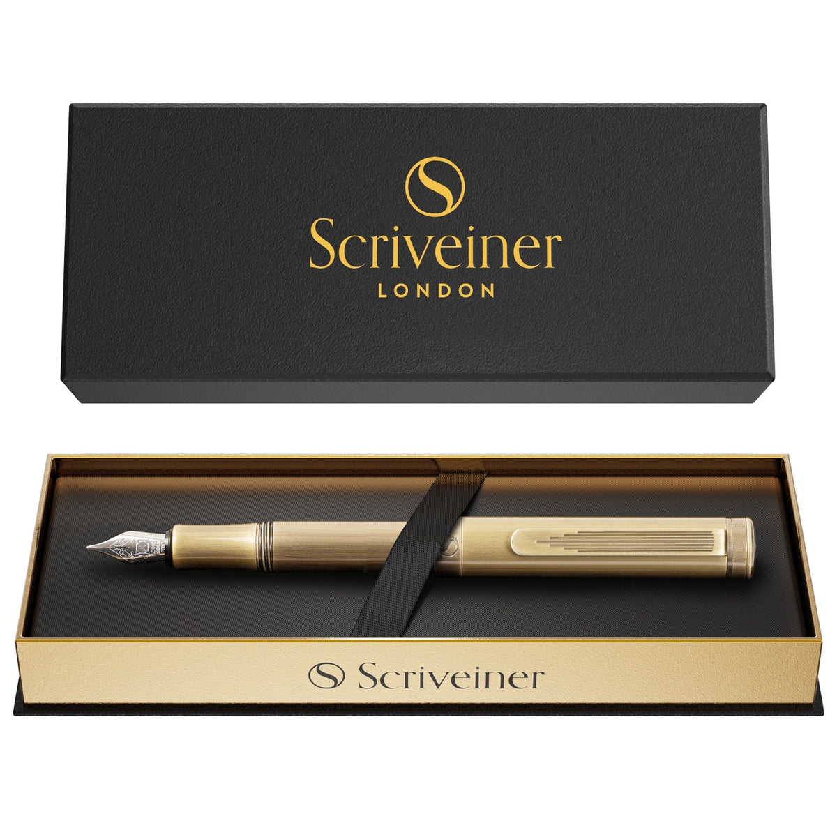 A gold and clear acrylic Scriveiner fountain pen displayed inside its open presentation box, with the black textured lid resting above. The packaging features the Scriveiner London brand name in gold lettering.