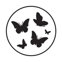 Black silhouette of butterflies inside a circular frame on a white background