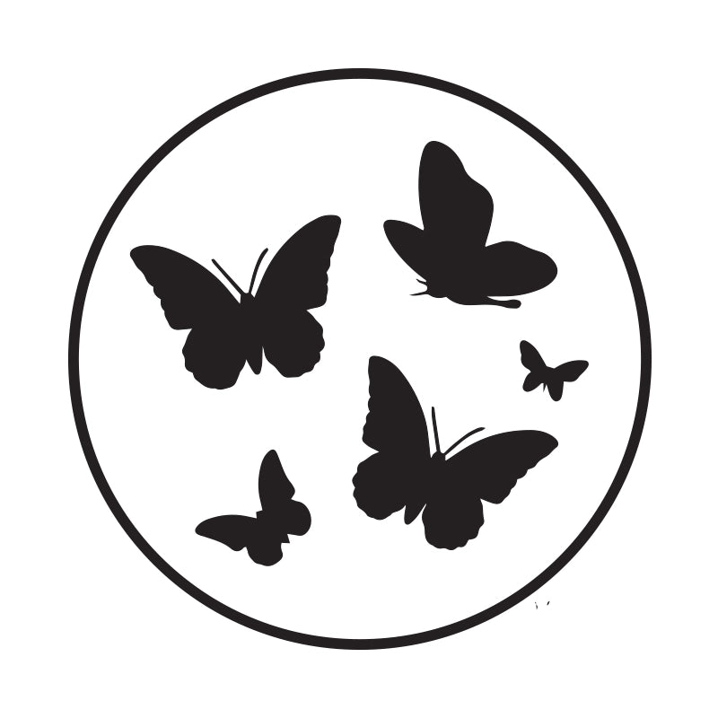 Black silhouette of butterflies inside a circular frame on a white background
