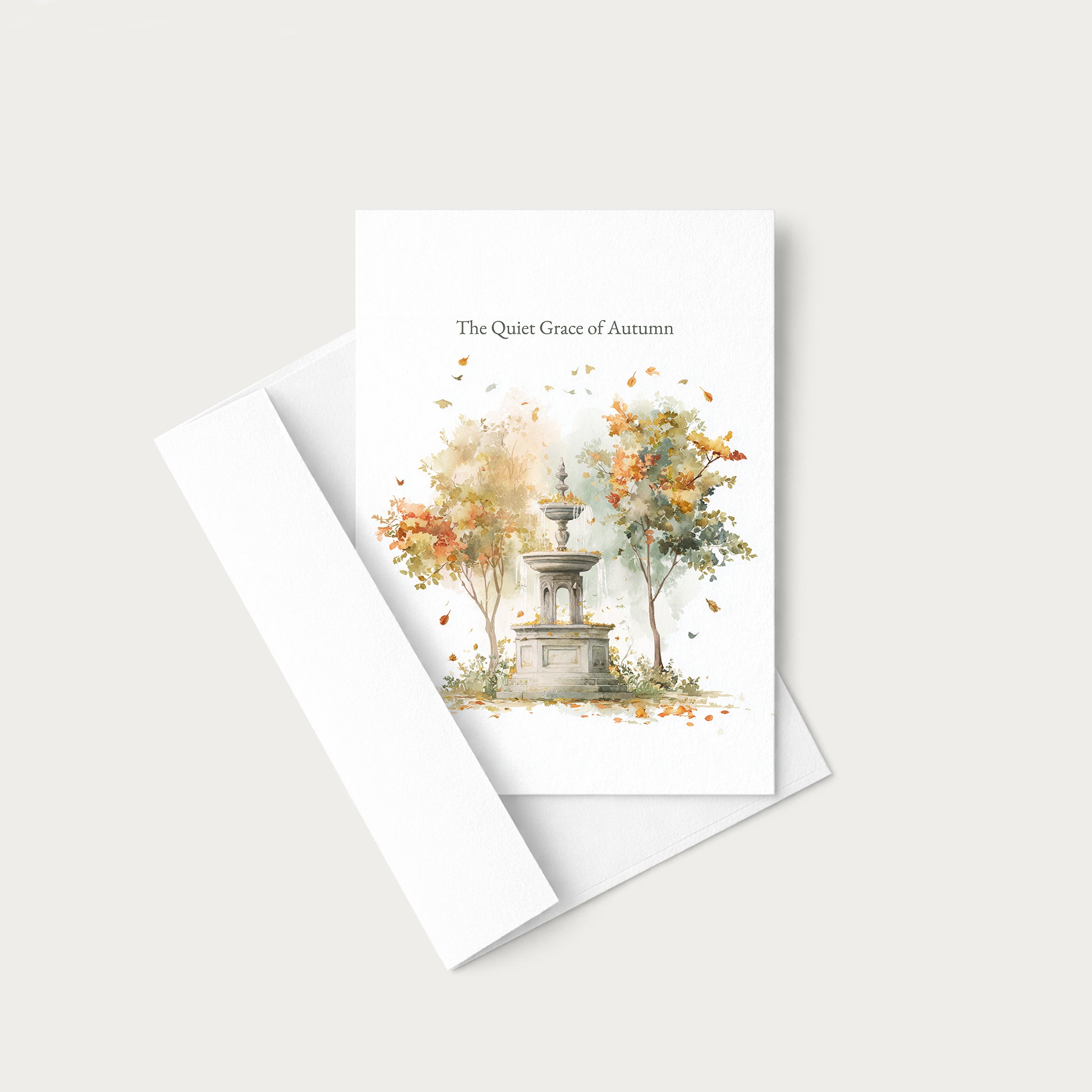A white greeting card with a watercolor illustration of a stone fountain and autumn trees, with the text 'The Quiet Grace of Autumn' at the top. The card is shown with a white envelope on a light gray background.