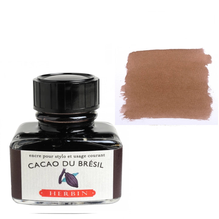 Bottle of Herbin ink with 'Cacao du Brésil' color swatch on a white background