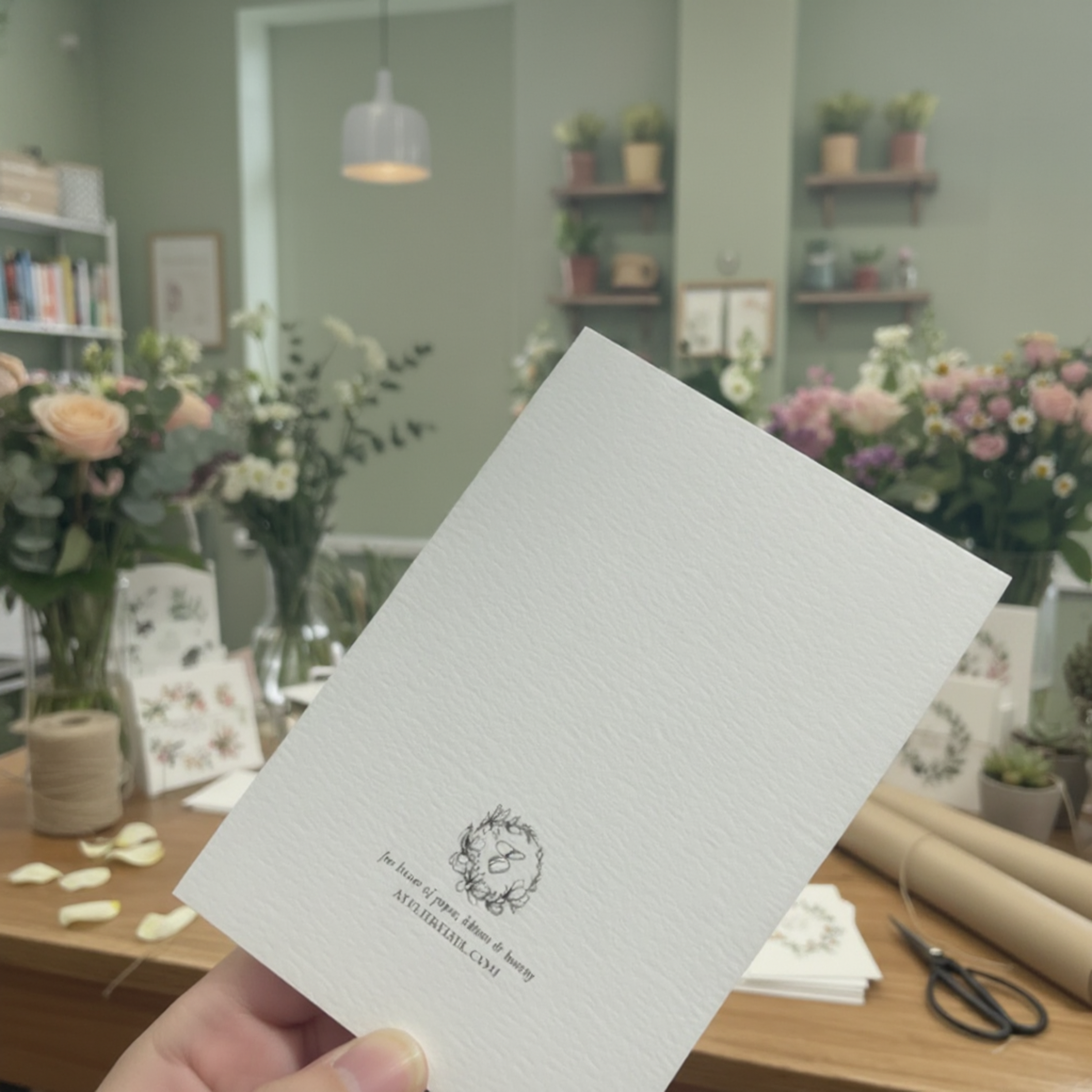 A hand holds a textured white greeting card with a black floral illustration and French text in a softly lit flower shop with green walls, bouquets, and crafting supplies in the background.