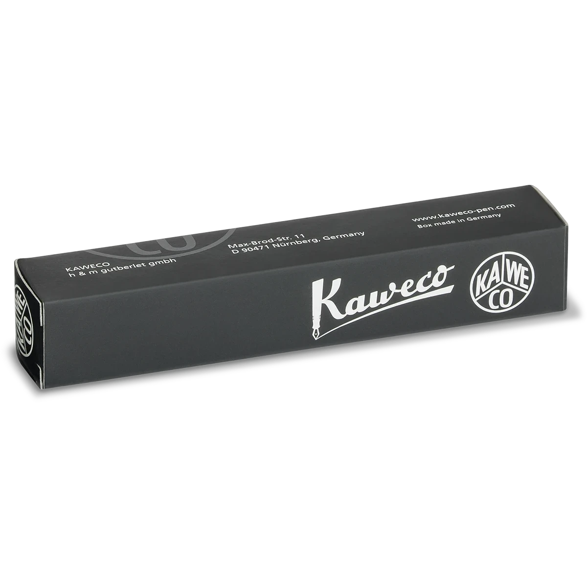 A black rectangular cardboard box for Kaweco h. & m.