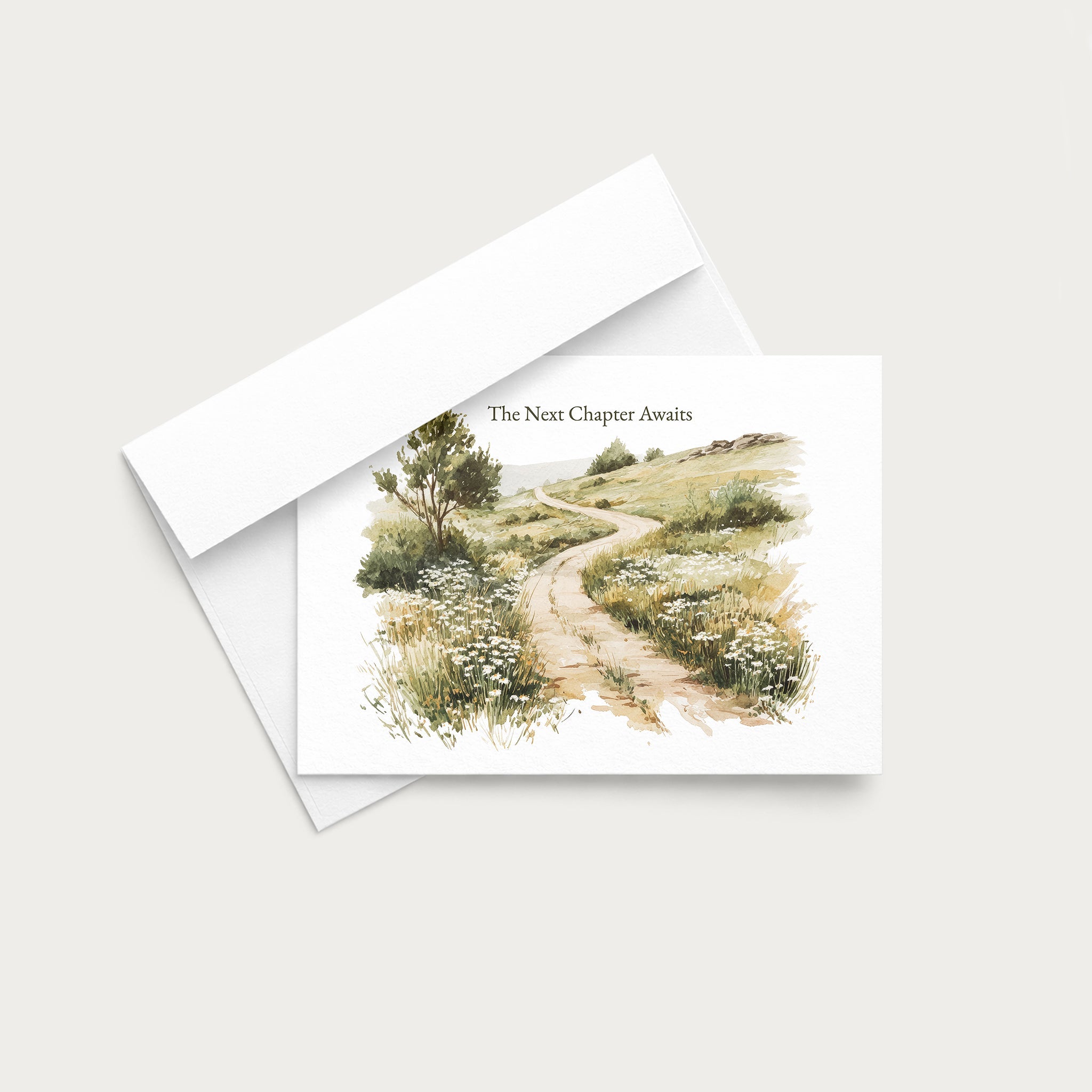 A vertical art print or postcard featuring a watercolor landscape of rolling hills and trees in muted green, beige, and brown tones, shown with a white envelope on a light gray background. The text 'The Nest Cherry Blossoms' is printed vertically on the left side of the artwork.