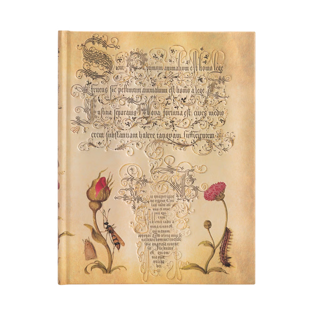 Decorative book cover with floral illustrations and intricate text on a beige background