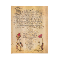 Decorative book cover with floral illustrations and intricate text on a beige background