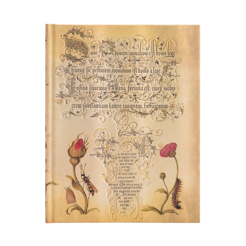 Decorative book cover with floral illustrations and intricate text on a beige background