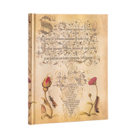 A vintage-style book or journal shown standing upright on a white background. The cover is aged tan parchment with ornate black gothic lettering, floral illustrations, and small botanical details including a red flower bud, green stem, and caterpillar.