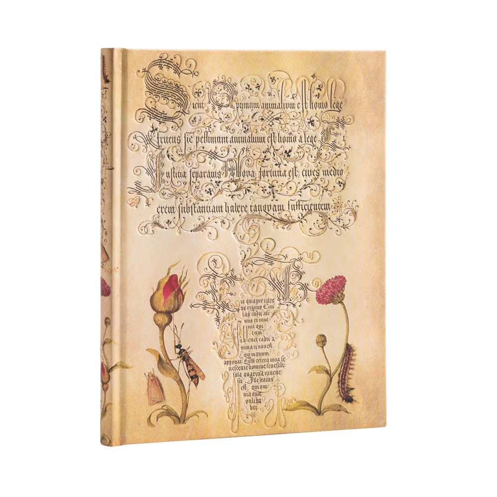 A vintage-style book or journal shown standing upright on a white background. The cover is aged tan parchment with ornate black gothic lettering, floral illustrations, and small botanical details including a red flower bud, green stem, and caterpillar.