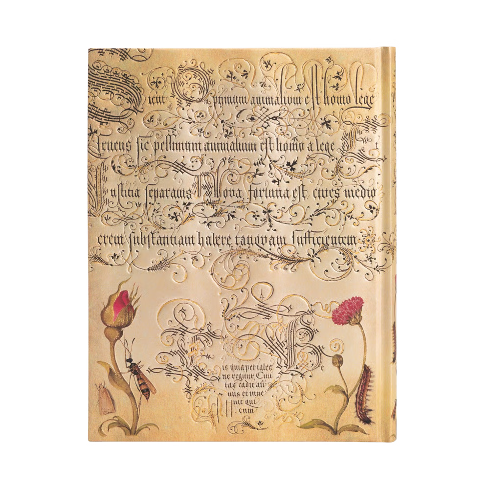 A vintage-style hardcover notebook or journal with an aged beige cover, featuring ornate black gothic script, floral illustrations, and a small bee near the bottom left.