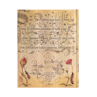 A vintage-style hardcover notebook or journal with an aged beige cover, featuring ornate black gothic script, floral illustrations, and a small bee near the bottom left.
