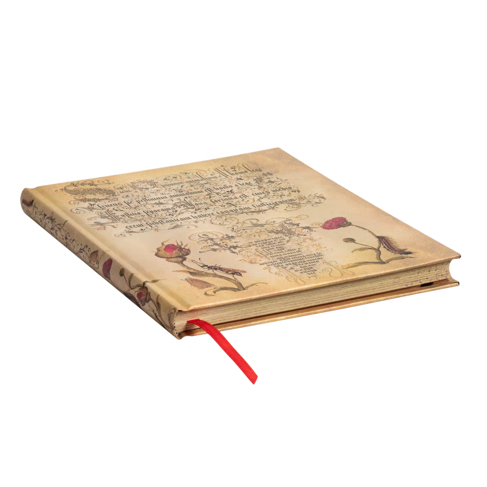 Decorative notebook with illustrations and a red bookmark on a white background