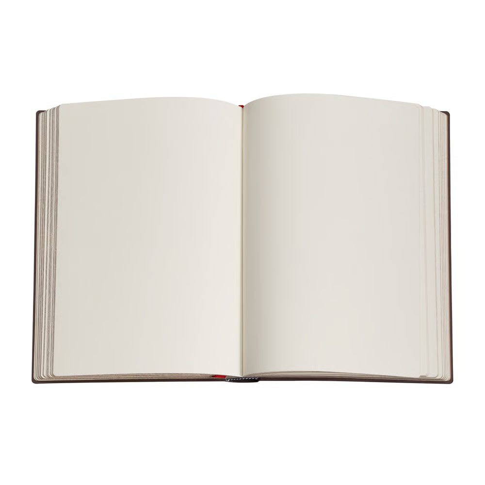An open hardcover book with blank, warm off-white pages, shown from a top-down perspective on a solid white background.