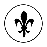 A black fleur-de-lis emblem centered inside a thin black circle on a plain white background.
