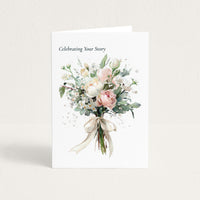 Celebrating Your Story anniversary card featuring a soft watercolor bouquet of blush roses, white flowers, and greenery.