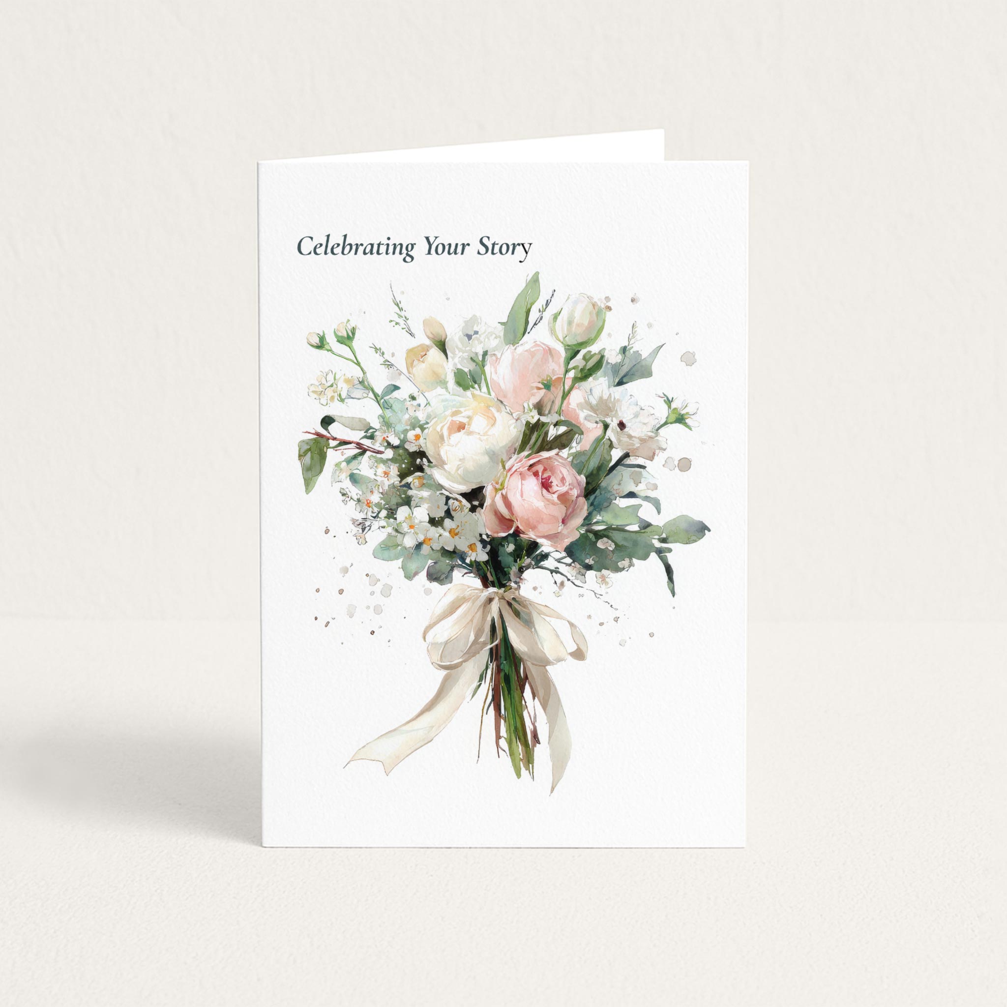 Celebrating Your Story anniversary card featuring a soft watercolor bouquet of blush roses, white flowers, and greenery.