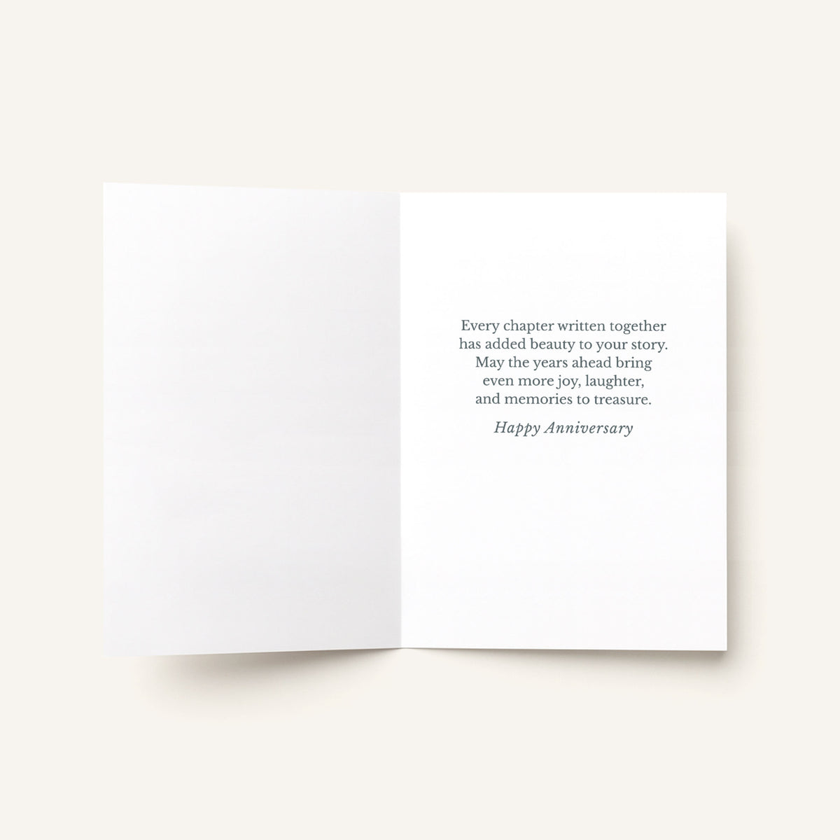 Open Celebrating Your Story card showing the printed Happy Anniversary message inside.