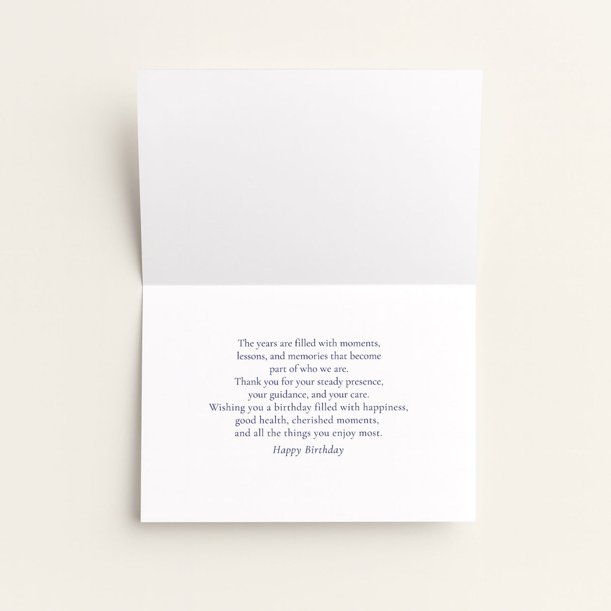 Open birthday card for Dad showing a heartfelt message of gratitude, guidance, and birthday wishes.