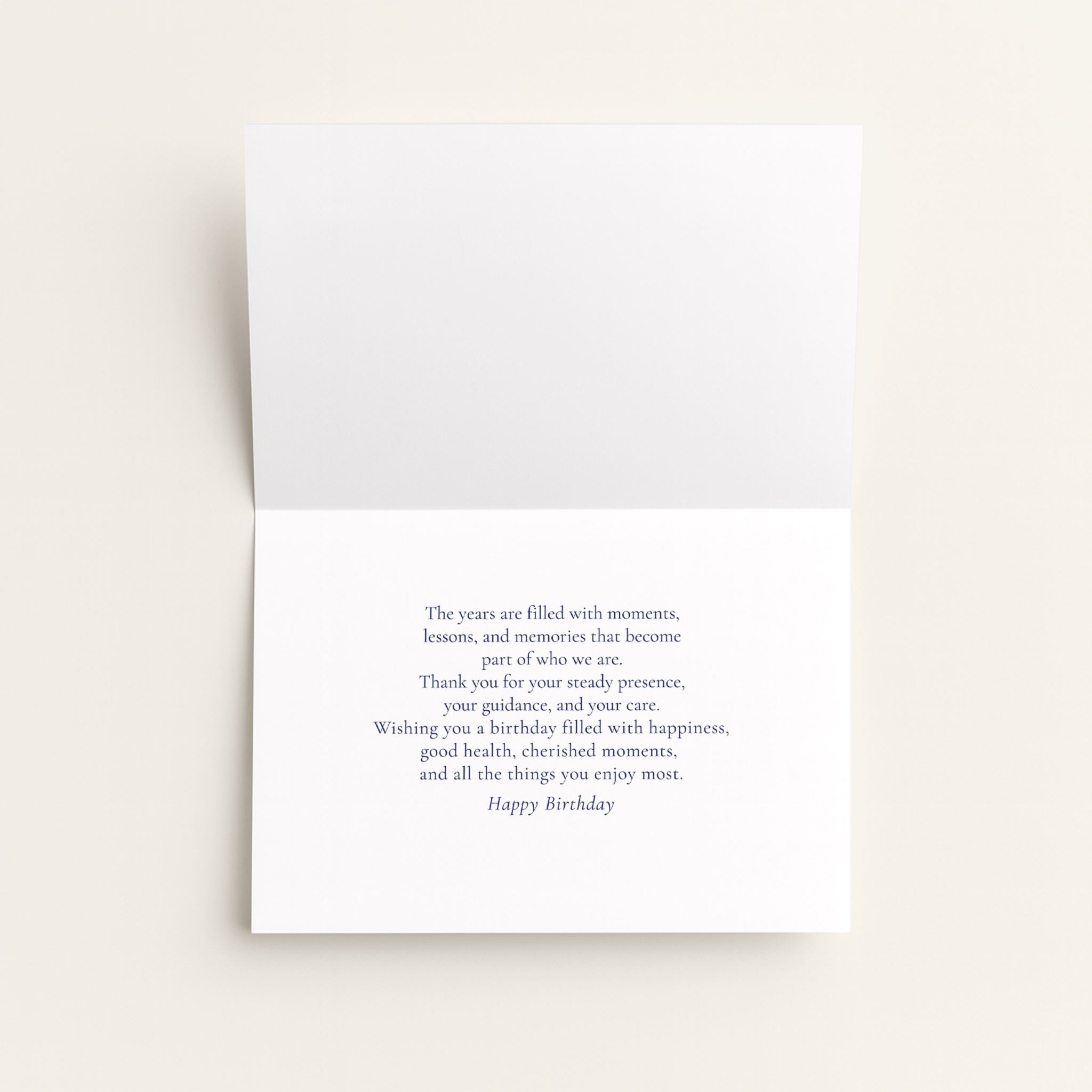 Open birthday card for Dad showing a heartfelt message of gratitude, guidance, and birthday wishes.