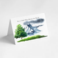 Landscape birthday card for Dad featuring a watercolor mountain scene with an evergreen tree.
