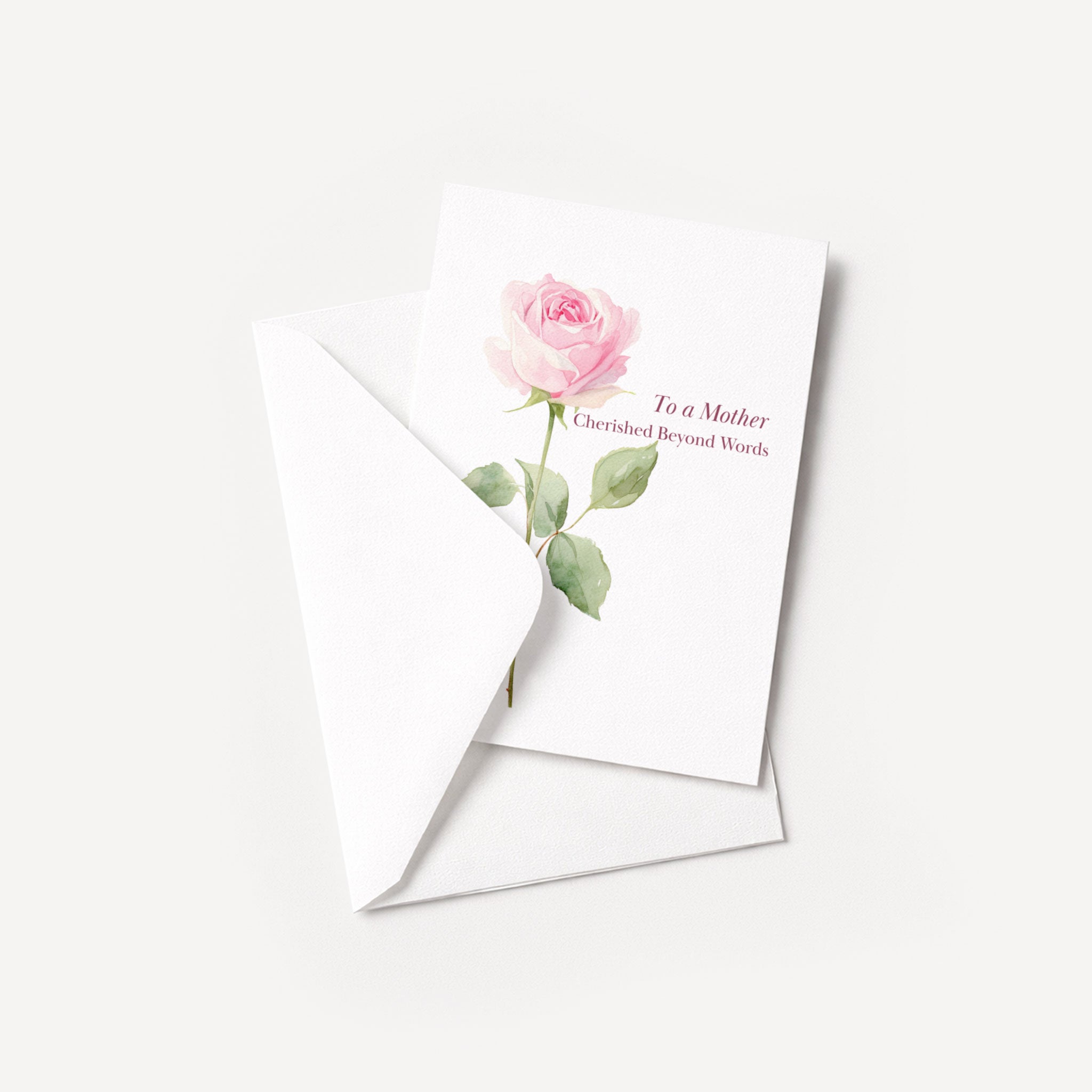 To a Mother Cherished Beyond Words card displayed with a coordinating white pointed-flap envelope.