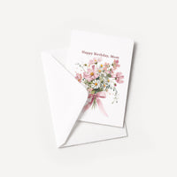 Happy Birthday, Mom floral card displayed with a coordinating white pointed-flap envelope.