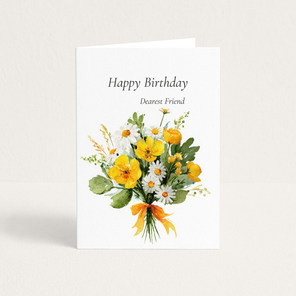 Happy Birthday Dearest Friend card featuring a watercolor bouquet of yellow flowers, white daisies, and green foliage.