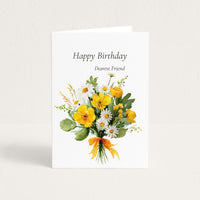 Happy Birthday Dearest Friend card featuring a watercolor bouquet of yellow flowers, white daisies, and green foliage.