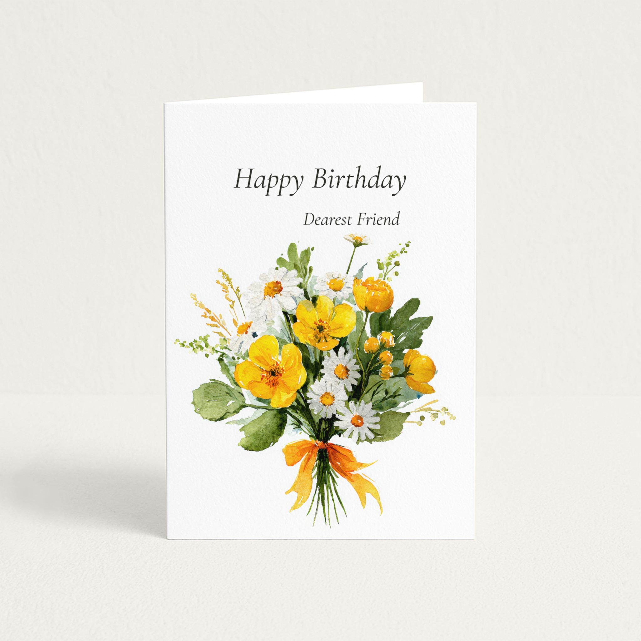 Happy Birthday Dearest Friend card featuring a watercolor bouquet of yellow flowers, white daisies, and green foliage.