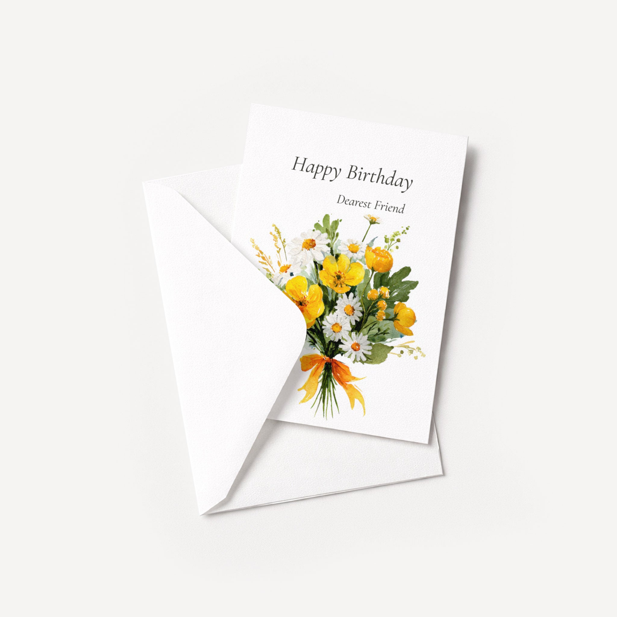Happy Birthday Dearest Friend floral card displayed with a coordinating white pointed-flap envelope.